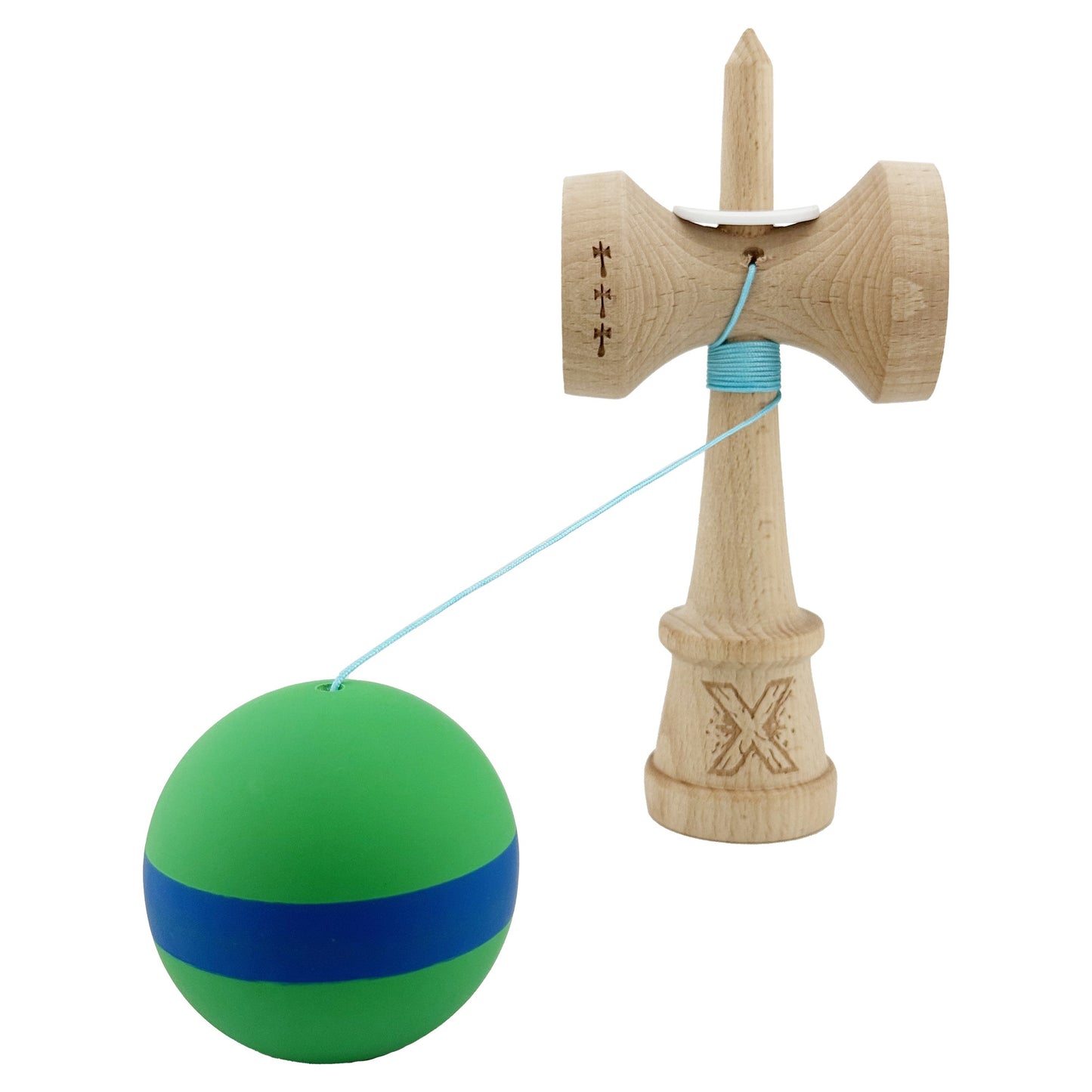 Kendama X Originala, Model V3 Verde / Albastru / Verde, Profesionala, Cupe Mari King Size, Rubber Grip, Gaura in Baza, Rulment, Ata 62cm