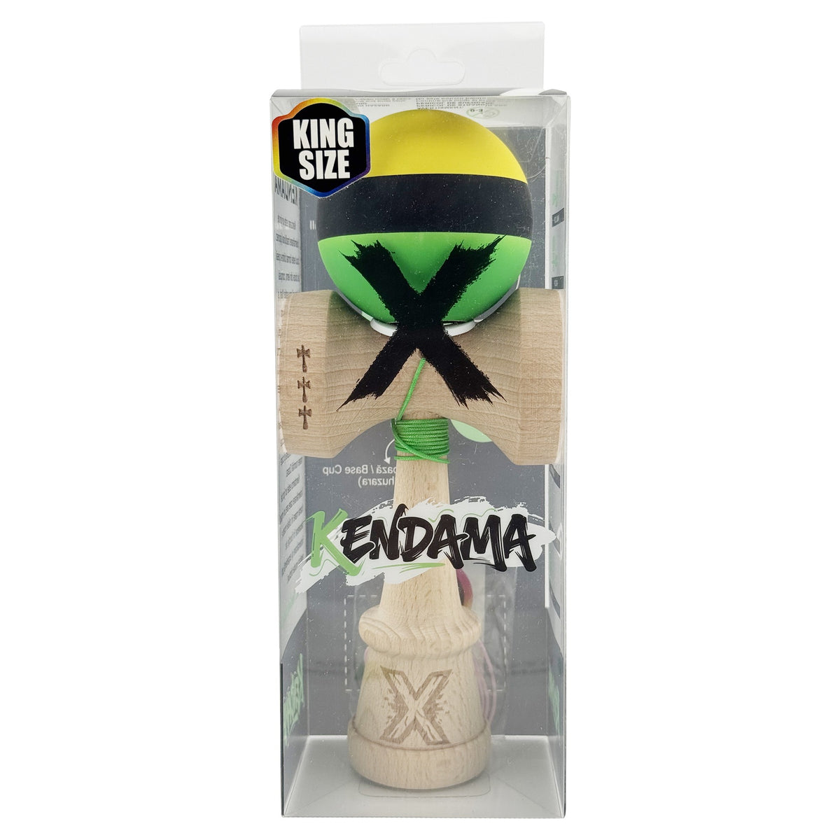 Kendama X Originala, Model V3 Galben / Negru / Verde, Profesionala, Cupe Mari King Size, Rubber Grip, Gaura in Baza, Rulment, Ata 62cm