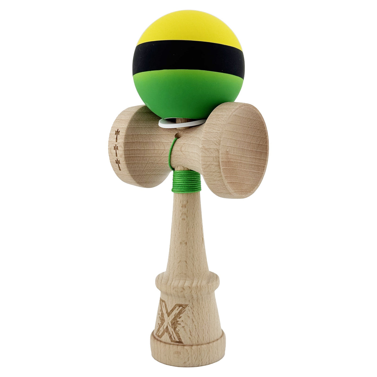 Kendama X Originala, Model V3 Galben / Negru / Verde, Profesionala, Cupe Mari King Size, Rubber Grip, Gaura in Baza, Rulment, Ata 62cm