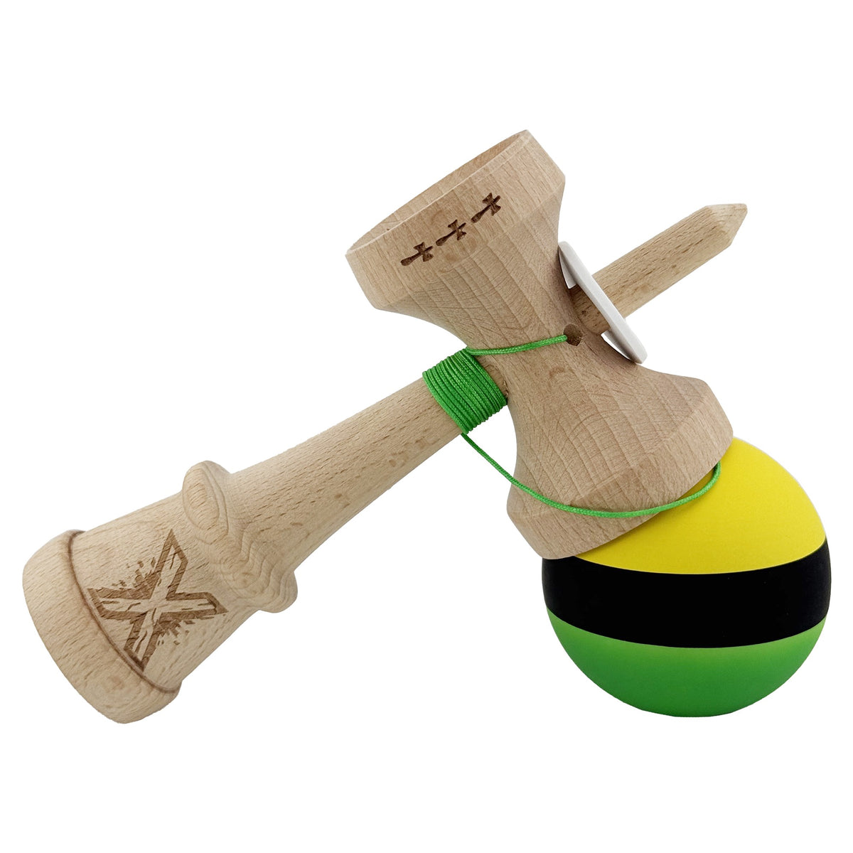 Kendama X Originala, Model V3 Galben / Negru / Verde, Profesionala, Cupe Mari King Size, Rubber Grip, Gaura in Baza, Rulment, Ata 62cm