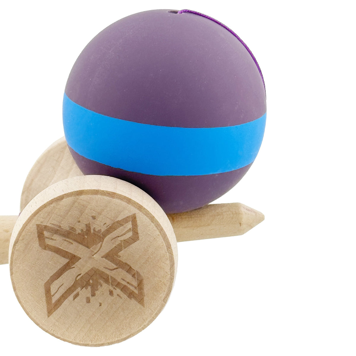 Kendama X Originala, Model V3 Mov / Albastru / Mov, Profesionala, Cupe Mari King Size, Rubber Grip, Gaura in Baza, Rulment, Ata 62cm