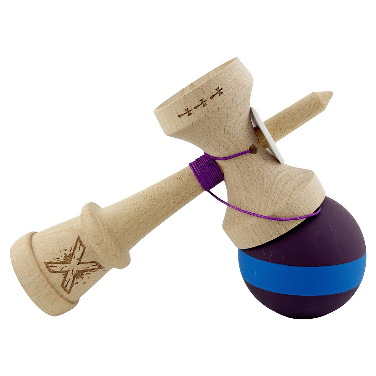 Kendama X Originala, Model V3 Mov / Albastru / Mov, Profesionala, Cupe Mari King Size, Rubber Grip, Gaura in Baza, Rulment, Ata 62cm