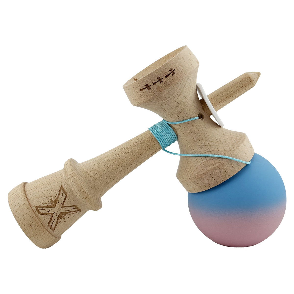 Kendama X Originala, Model V3 Albastru / Roz in Degrade, Profesionala, Cupe Mari King Size, Rubber Grip, Gaura in Baza, Rulment, Ata 62cm