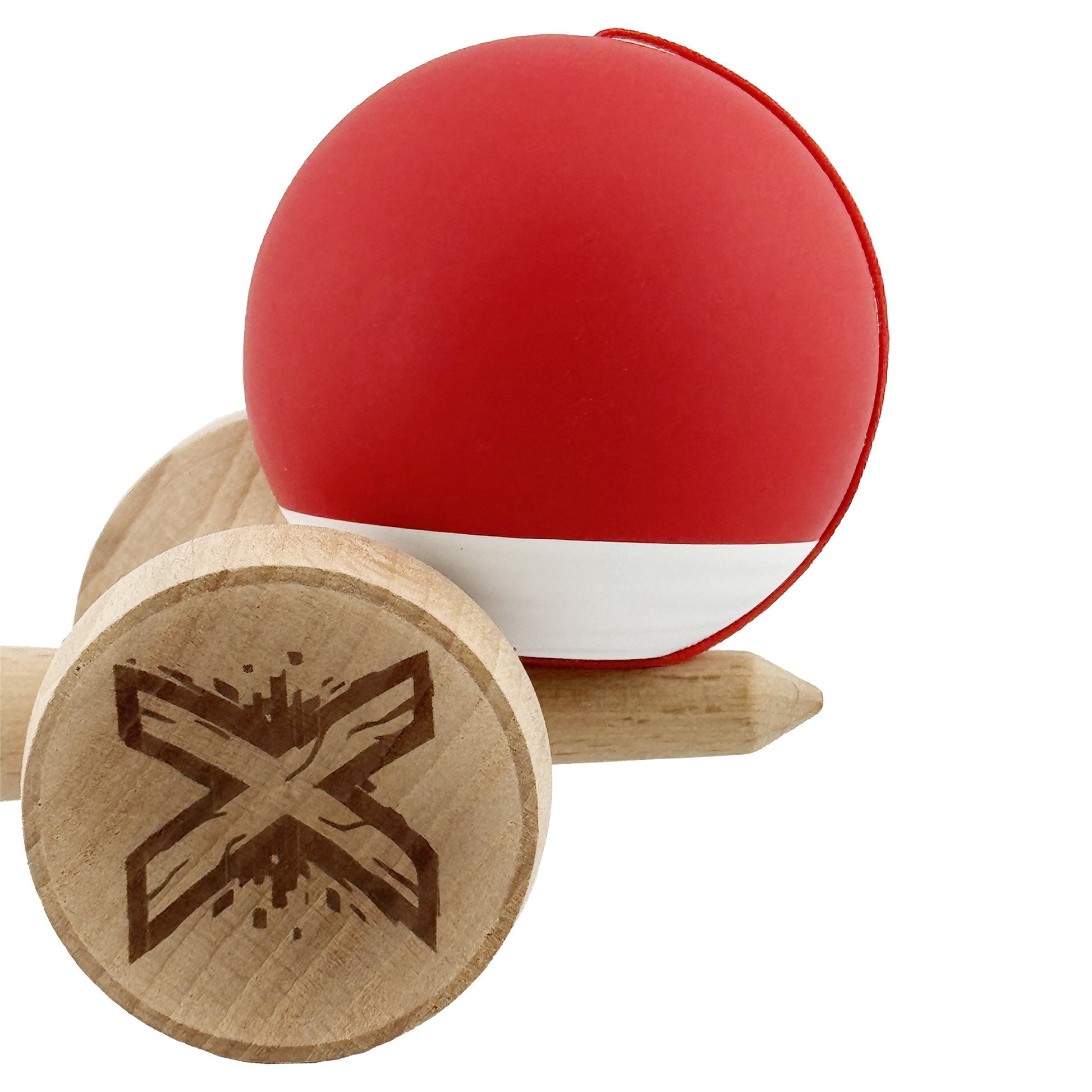 Kendama X Originala, Model V3 Rosu / Alb, Profesionala, Cupe Mari King Size, Rubber Grip, Gaura in Baza, Rulment, Ata 62cm
