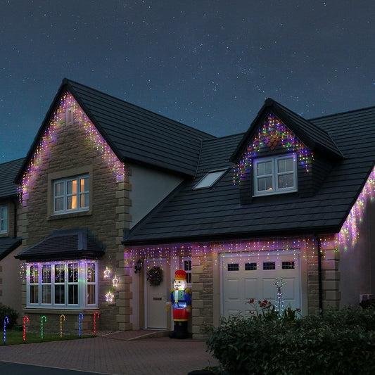 Instalatie Solara Craciun Tip Turturi, Perdea Franjurata Exterior, IP44, 143 LED-uri Multicolore, Telecomanda, 8 Jocuri de Lumini, Panou Solar 31V, Acumulator 1200 mAh, Fir Transparent, 5 m + 3 m Extension