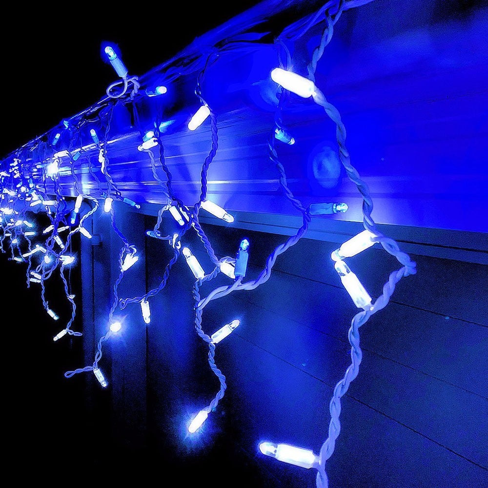 Instalatie Solara Craciun Turturi, Perdea Franjurata cu 143 LED-uri, Exterior IP44, Telecomanda si 8 Moduri Lumina, Acumulator 2400 mAh, Fir Transparent, 5 m + Prelungitor 5 m, Albastru
