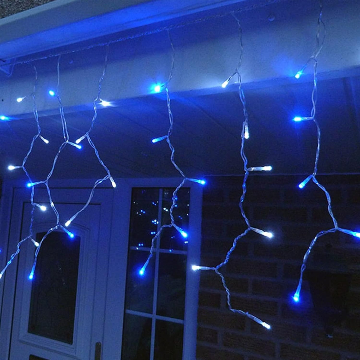 Instalatie Solara Craciun Turturi, Perdea Franjurata cu 143 LED-uri, Exterior IP44, Telecomanda si 8 Moduri Lumina, Acumulator 2400 mAh, Fir Transparent, 5 m + Prelungitor 5 m, Albastru