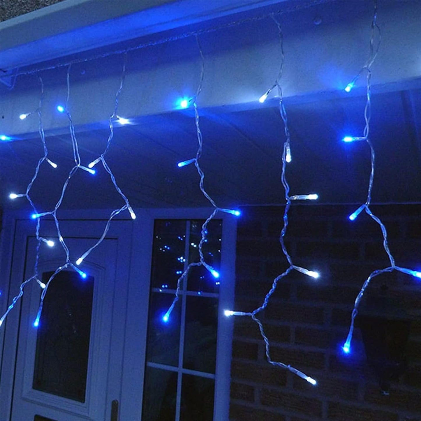 Instalatie Solara Craciun Turturi, Perdea Franjurata cu 143 LED-uri, Exterior IP44, Telecomanda si 8 Moduri Lumina, Acumulator 2400 mAh, Fir Transparent, 5 m + Prelungitor 5 m, Albastru