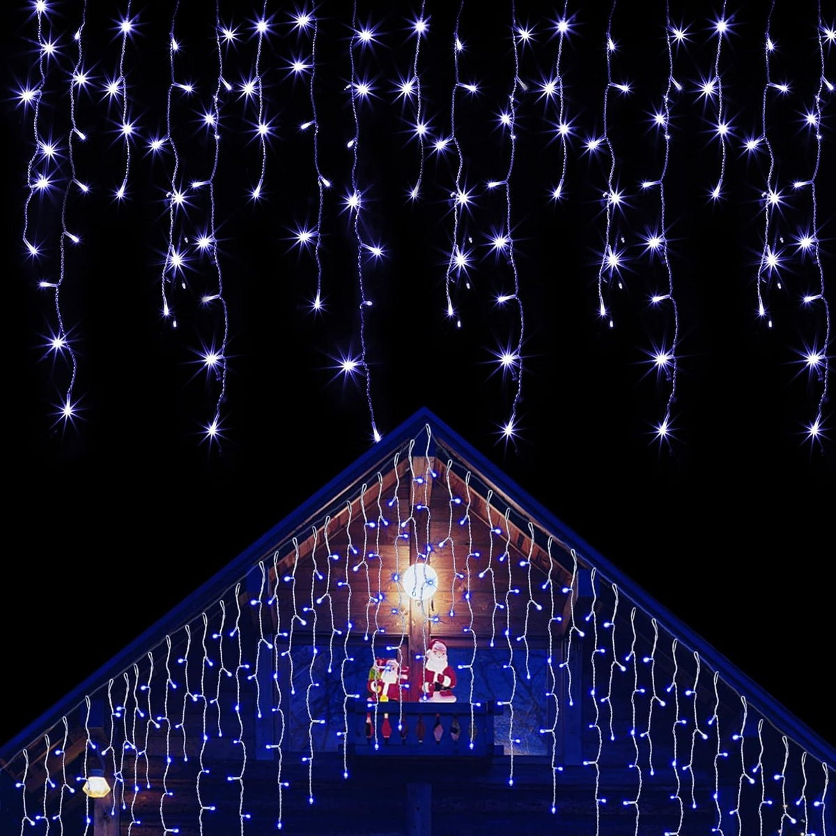 Instalatie Solara Craciun Turturi, Perdea Franjurata Exterior, IP44, Telecomanda, 8 Moduri Lumina, 143 LED, Acumulator 1200 mAh, Fir Alb, Albastru, 5 m + 5 m Prelungitor