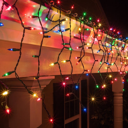 Instalatie Solara Craciun Tip Turturi, Perdea Franjurata Exterior, 143 Led-uri Multicolore, IP44, Telecomanda, 8 Jocuri de Lumini, Fir Negru, 5 m + 5 m Prelungitor