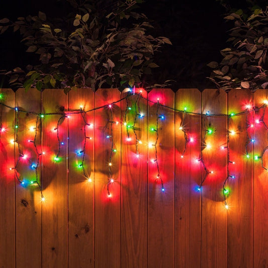 Instalatie Solara Craciun Tip Turturi, Perdea Franjurata Exterior, 143 Led-uri Multicolore, IP44, Telecomanda, 8 Jocuri de Lumini, Fir Negru, 5 m + 5 m Prelungitor