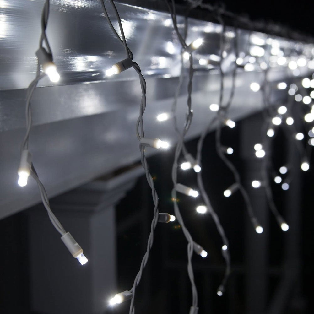 Instalatie Solara Craciun Tip Turturi, Perdea Franjurata Exterior IP44, 143 LED-uri, 8 Moduri Lumina, Telecomanda, Acumulator 1200 mAh, 5m + 5m Prelungitor, Fir Alb, Alb Rece