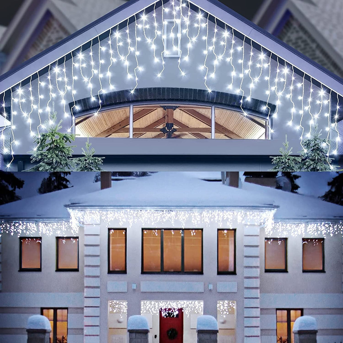 Instalatie Solara Craciun Tip Turturi, Perdea Franjurata Exterior IP44, 143 LED-uri, 8 Moduri Lumina, Telecomanda, Acumulator 1200 mAh, 5m + 5m Prelungitor, Fir Alb, Alb Rece