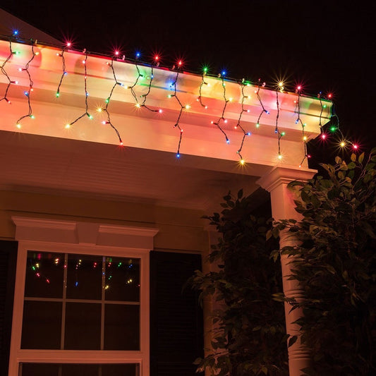 Instalatie Solara Craciun Tip Turturi, Perdea Franjurata Exterior, 143 LED-uri Multicolore, Panou Solar 2400 mAh, Telecomanda, IP44, Fir Negru, 5 m + 5 m Prelungitor