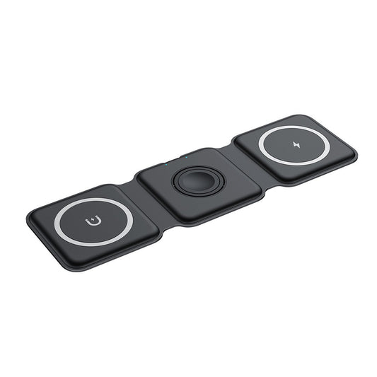 Incarcator Wireless Magnetic 3 in 1, Statie de Incarcare Rapida 15W, Pliabila la 180 Grade, Suport de Birou pentru iPhone, Apple Watch si AirPods, Compatibil iOS si Android, Qi Standard, Negru