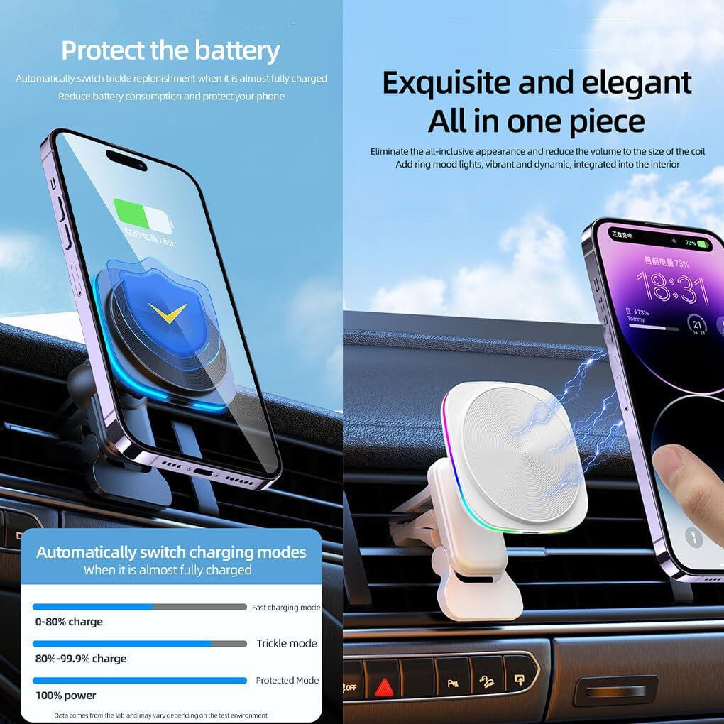 Incarcator Wireless Auto, Statie de Incarcare Magnetica Rapida 15W, Sistem cu 18 Magneti Puternici si Disipare Caldura, Compatibil iOS/Android, 7 x 7 x 6.3 cm, Alb