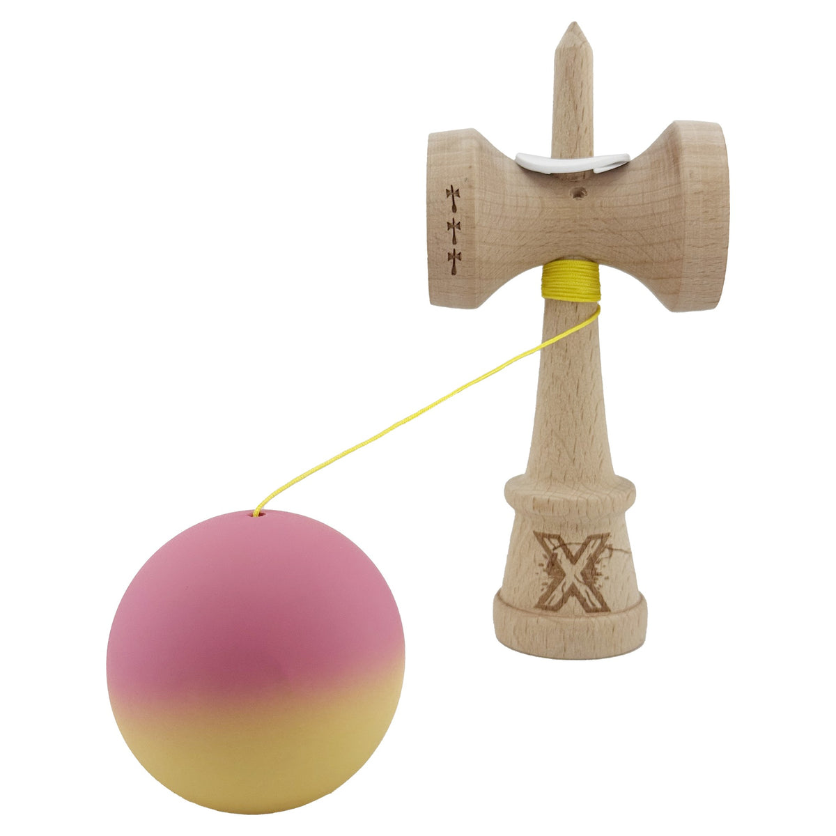 Kendama X Originala, Model V3 Roz / Galben in Degrade, Profesionala, Cupe Mari King Size, Rubber Grip, Gaura in Baza, Rulment, Ata 62cm