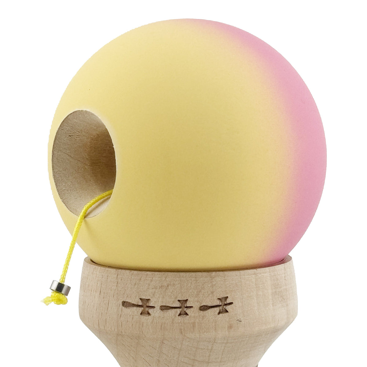 Kendama X Originala, Model V3 Roz / Galben in Degrade, Profesionala, Cupe Mari King Size, Rubber Grip, Gaura in Baza, Rulment, Ata 62cm