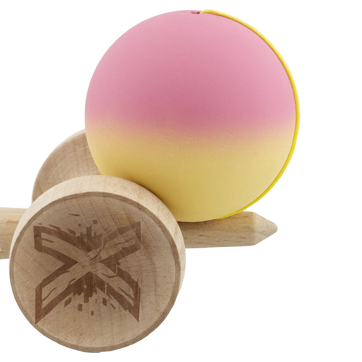 Kendama X Originala, Model V3 Roz / Galben in Degrade, Profesionala, Cupe Mari King Size, Rubber Grip, Gaura in Baza, Rulment, Ata 62cm