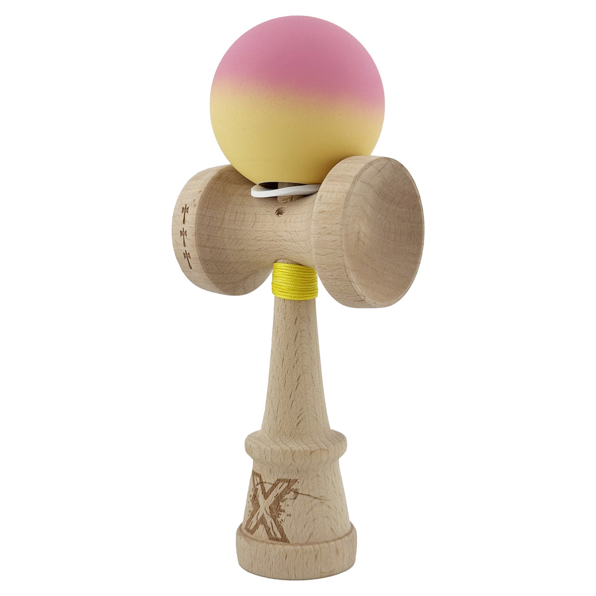 Kendama X Originala, Model V3 Roz / Galben in Degrade, Profesionala, Cupe Mari King Size, Rubber Grip, Gaura in Baza, Rulment, Ata 62cm
