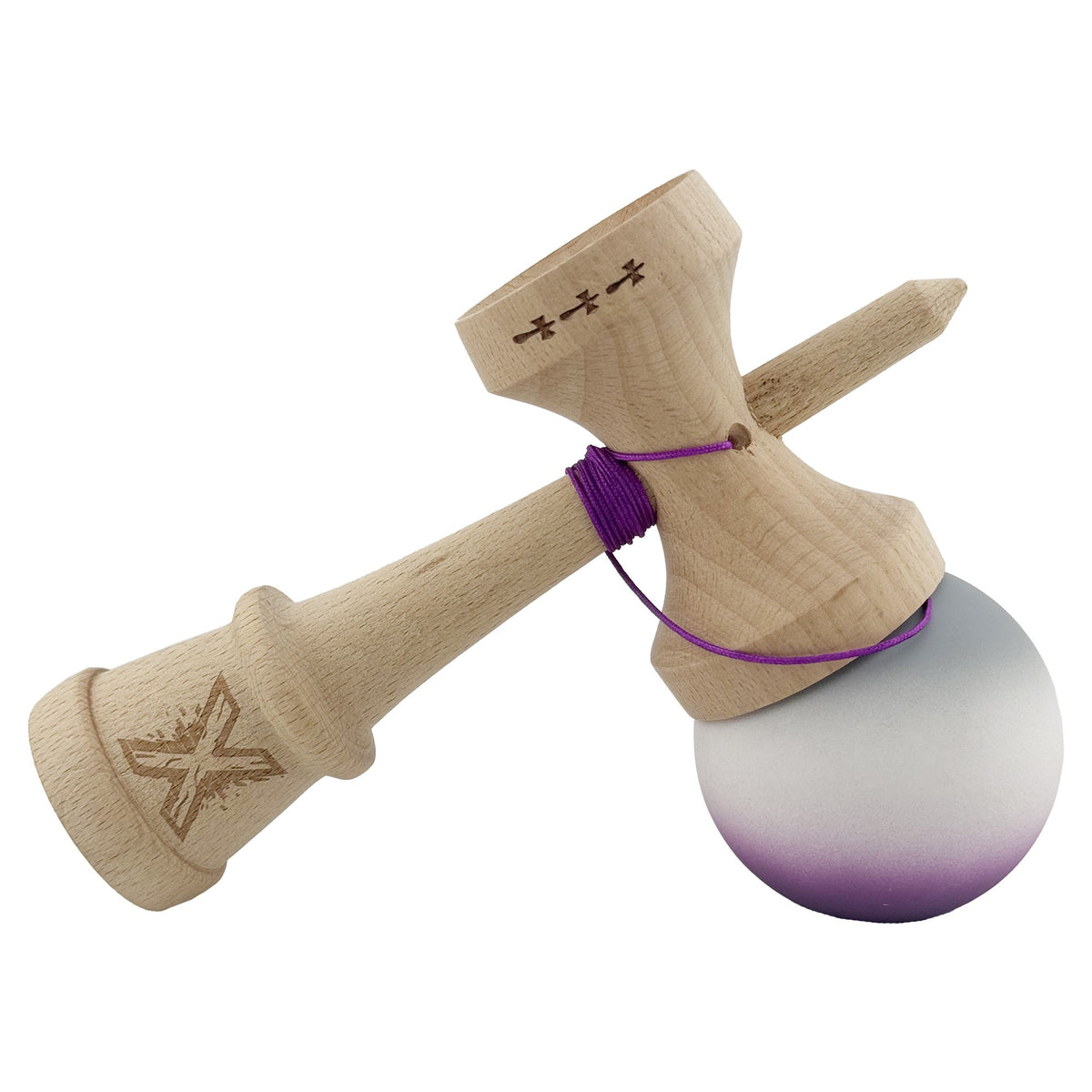 Kendama X Originala, Model V3 Gri / Alb / Mov in Degrade, Profesionala, Cupe Mari King Size, Rubber Grip, Gaura in Baza, Rulment, Ata 62cm