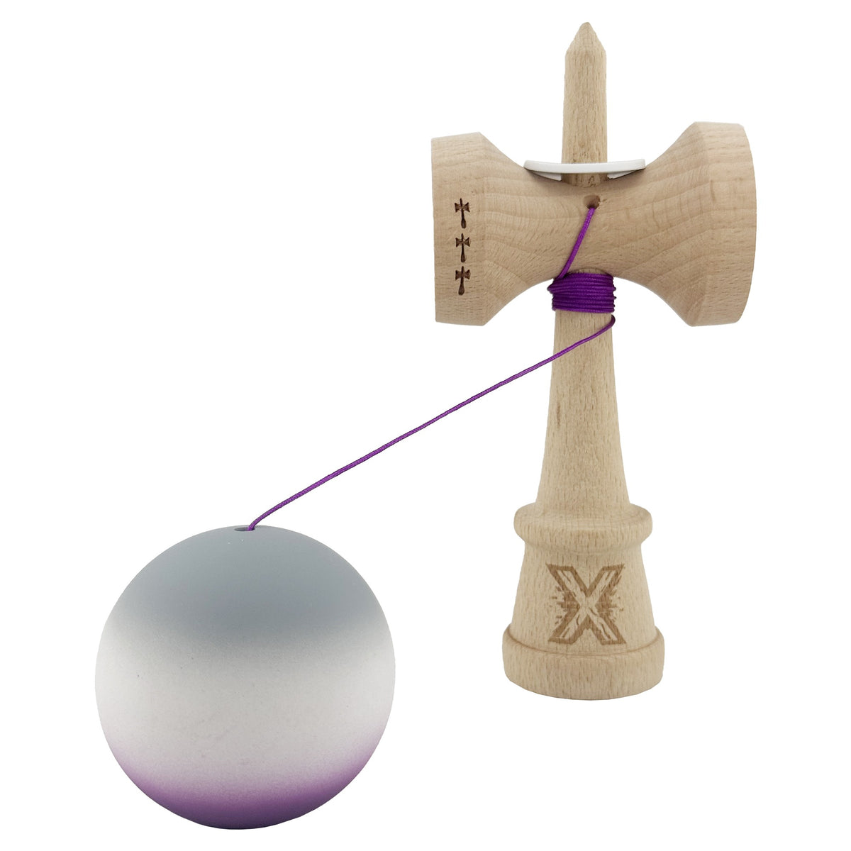Kendama X Originala, Model V3 Gri / Alb / Mov in Degrade, Profesionala, Cupe Mari King Size, Rubber Grip, Gaura in Baza, Rulment, Ata 62cm