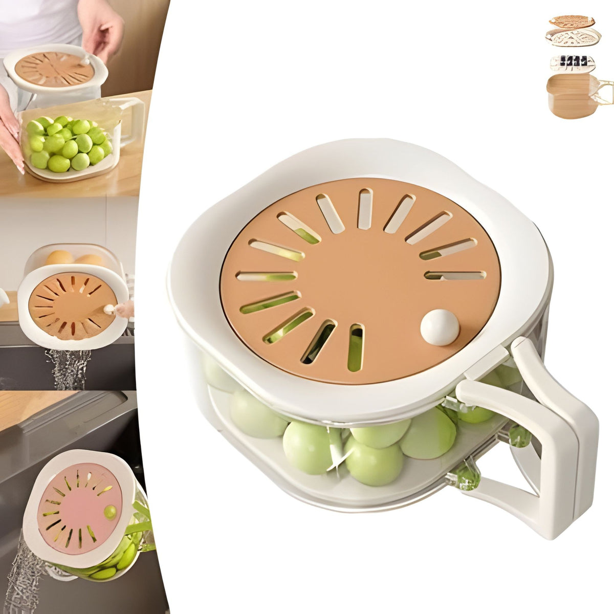 Cos de Scurgere Fructe si Legume 2 in 1, Filtru Telescopic si Bol Depozitare, Plastic Durabil, Maner Ergonomic, 15 x 15 x 8.5 cm, Maro/Bej