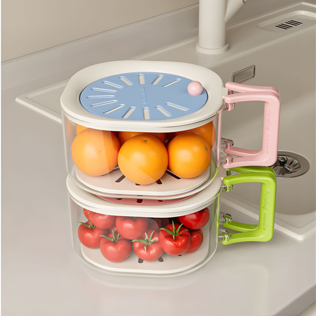 Cos de Scurgere 2 in 1 pentru Fructe si Legume, Filtru Telescopic si Maner Ergonomic, Plastic Durabil, 15 x 15 x 8.5 cm, Albastru/Bej