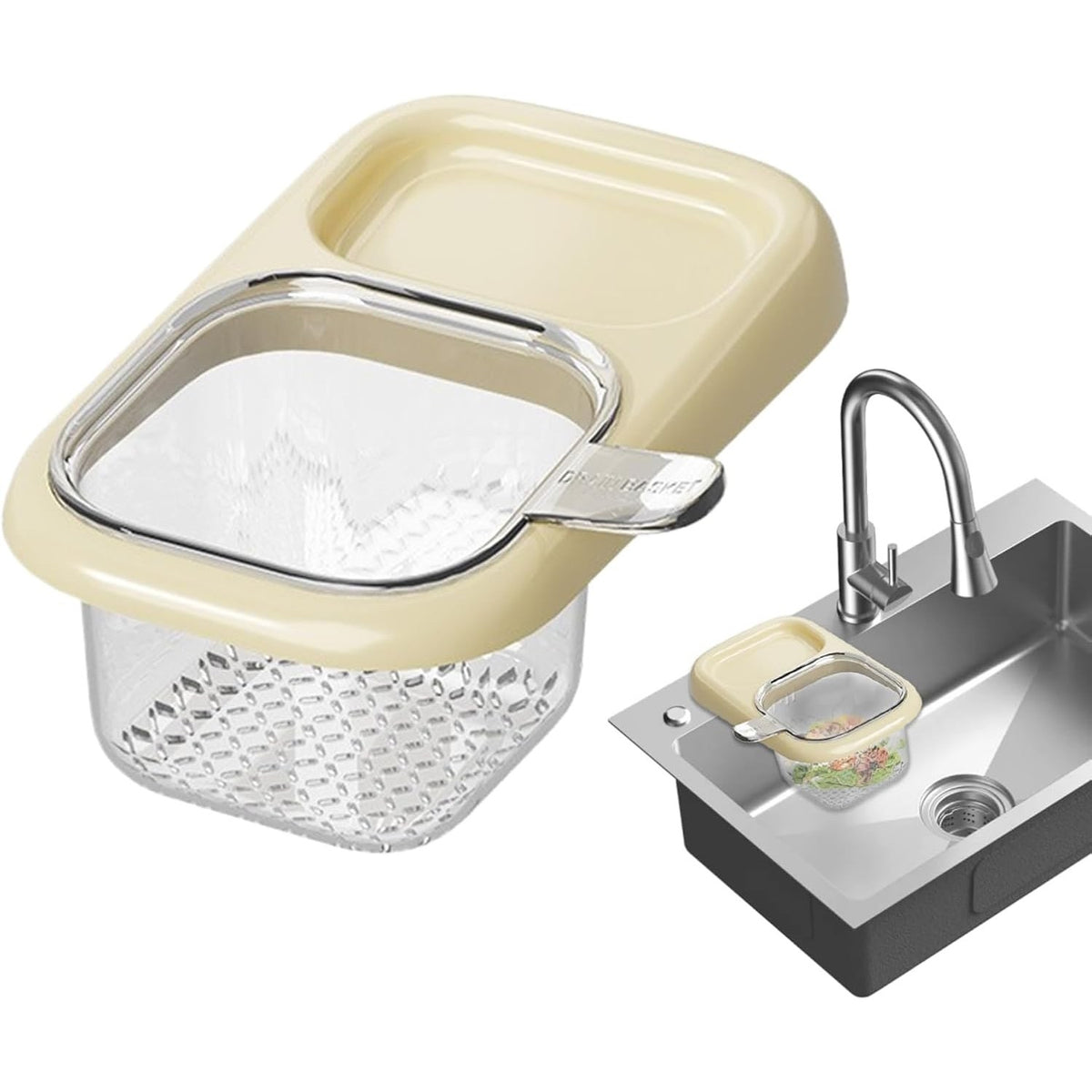 Coș de Scurgere pentru Chiuvetă, Filtru Multifuncțional cu Ventuză și Mâner, ABS și PET, 22 x 13 x 8.5 cm, Crem