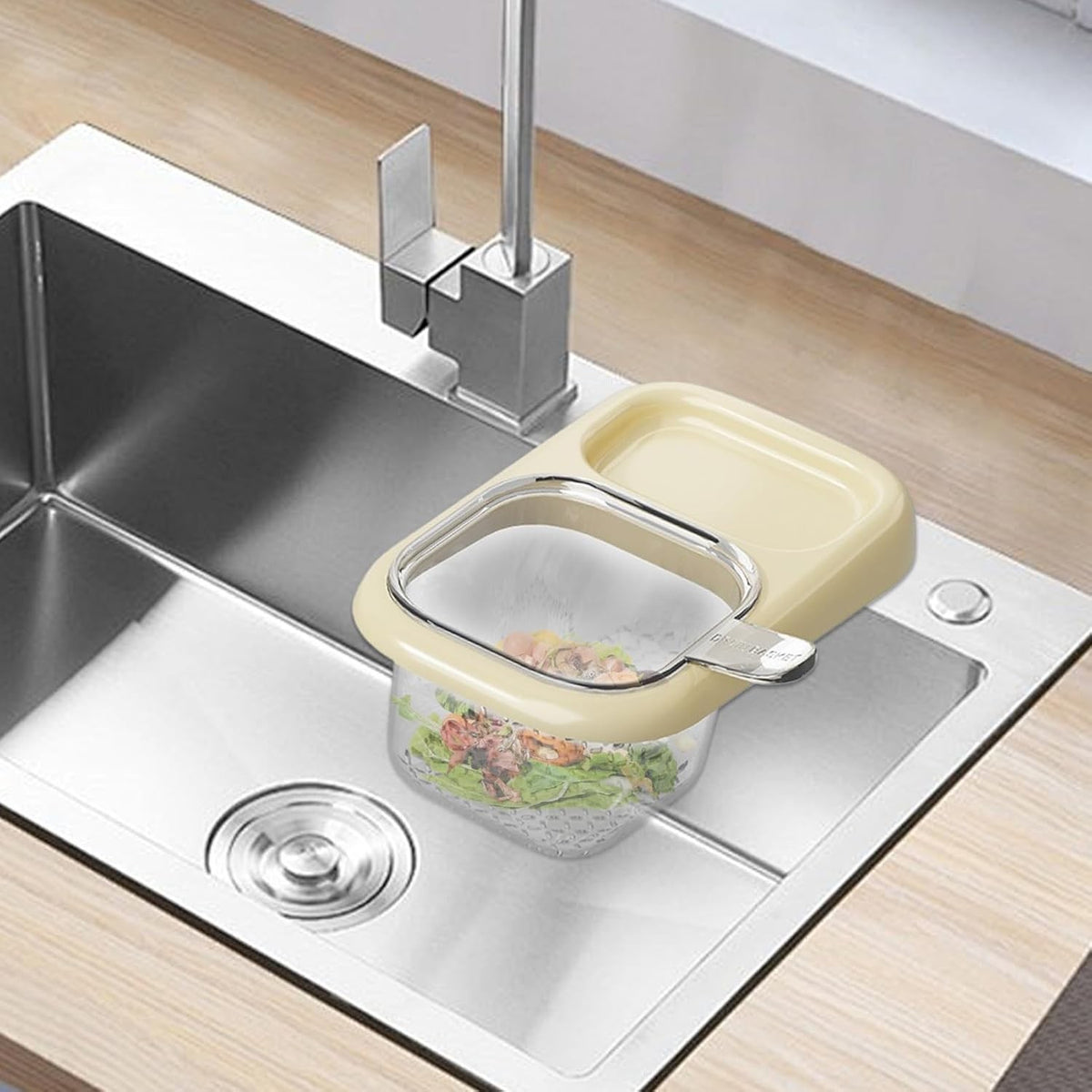 Coș de Scurgere pentru Chiuvetă, Filtru Multifuncțional cu Ventuză și Mâner, ABS și PET, 22 x 13 x 8.5 cm, Crem