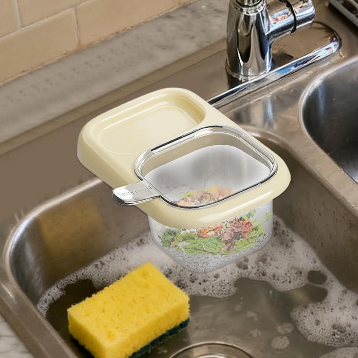 Coș de Scurgere pentru Chiuvetă, Filtru Multifuncțional cu Ventuză și Mâner, ABS și PET, 22 x 13 x 8.5 cm, Crem