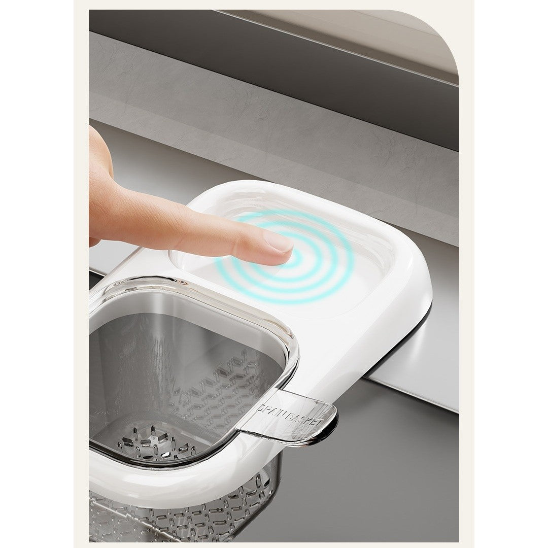 Cos de Scurgere pentru Chiuveta, Filtru Resturi Alimentare si Sita Legume, Fixare cu Ventuza si Maner, ABS si PET, 22 x 13 x 8.5 cm, Alb