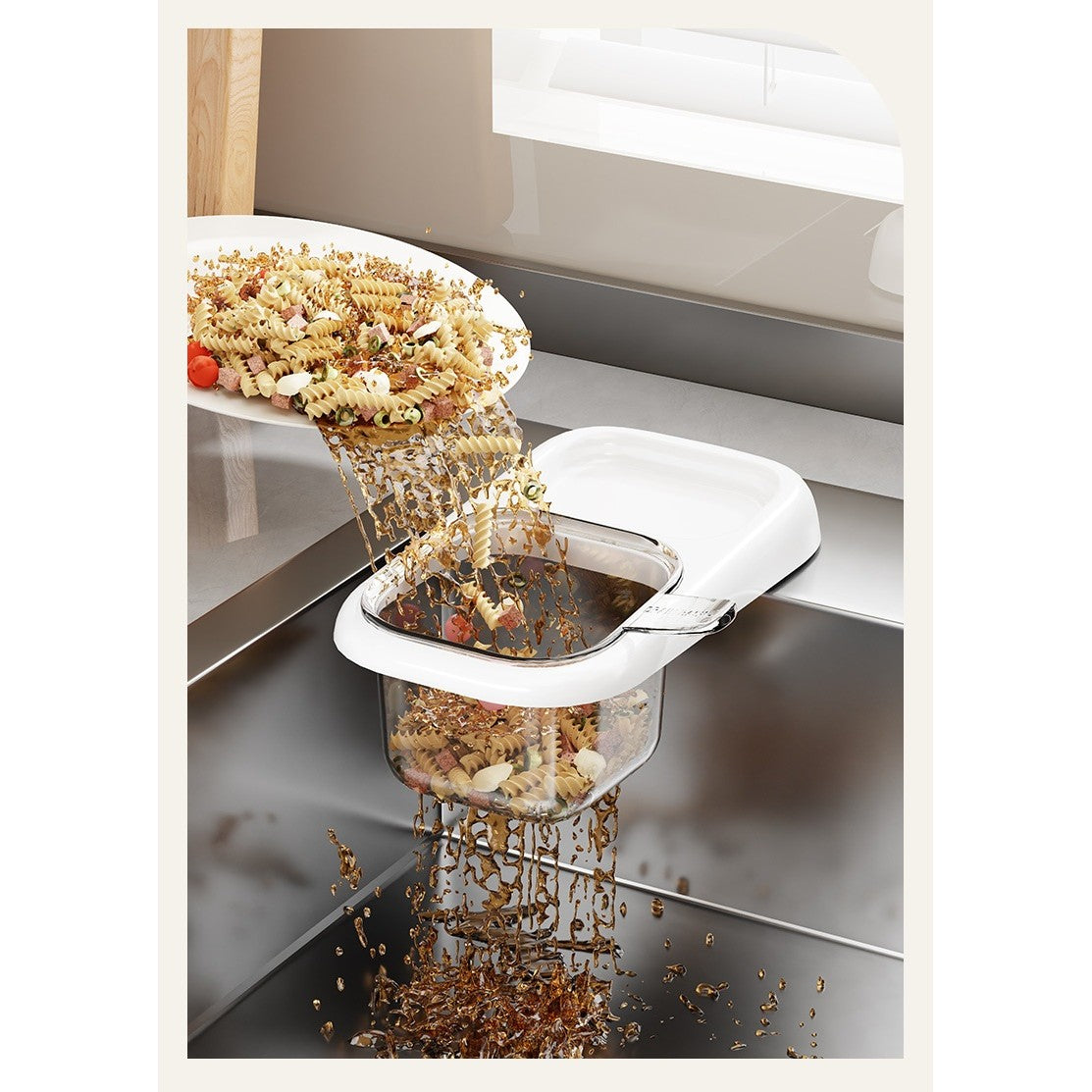 Cos de Scurgere pentru Chiuveta, Filtru Resturi Alimentare si Sita Legume, Fixare cu Ventuza si Maner, ABS si PET, 22 x 13 x 8.5 cm, Alb