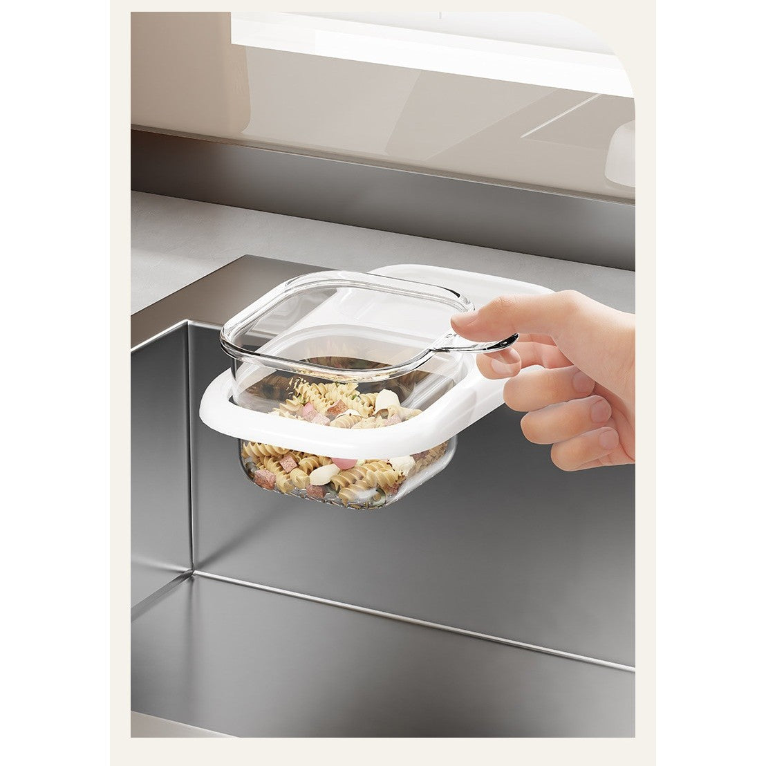 Cos de Scurgere pentru Chiuveta, Filtru Resturi Alimentare si Sita Legume, Fixare cu Ventuza si Maner, ABS si PET, 22 x 13 x 8.5 cm, Alb