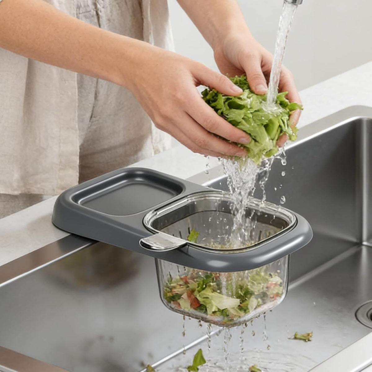 Coș de Scurgere pentru Chiuvetă, Filtru Multifuncțional cu Ventuză și Mâner, Separator Resturi Alimentare, ABS și PET, 22 x 13 x 8.5 cm, Gri