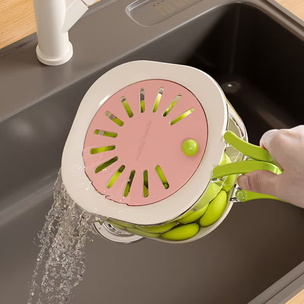 Cos de Scurgere 2 in 1 pentru Fructe si Legume, Scurgator cu Filtru Telescopic si Capac Ventilat, Plastic Rezistent, 15 x 15 x 8.5 cm, Roz/Bej