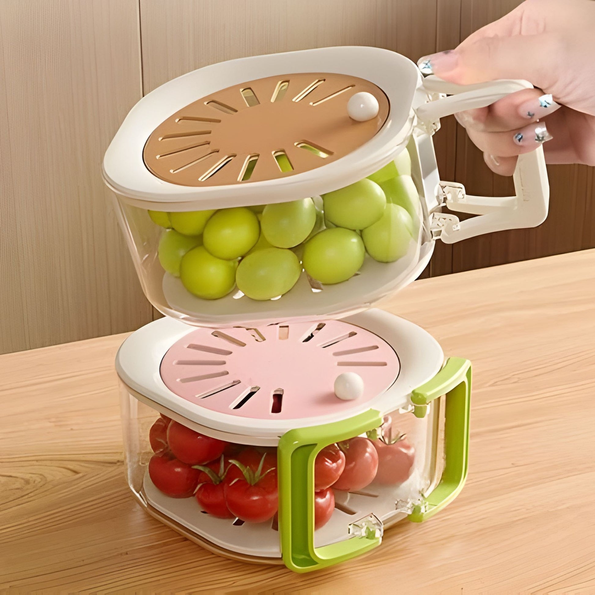 Cos de Scurgere 2 in 1 pentru Fructe si Legume, Scurgator cu Filtru Telescopic si Capac Ventilat, Plastic Rezistent, 15 x 15 x 8.5 cm, Roz/Bej