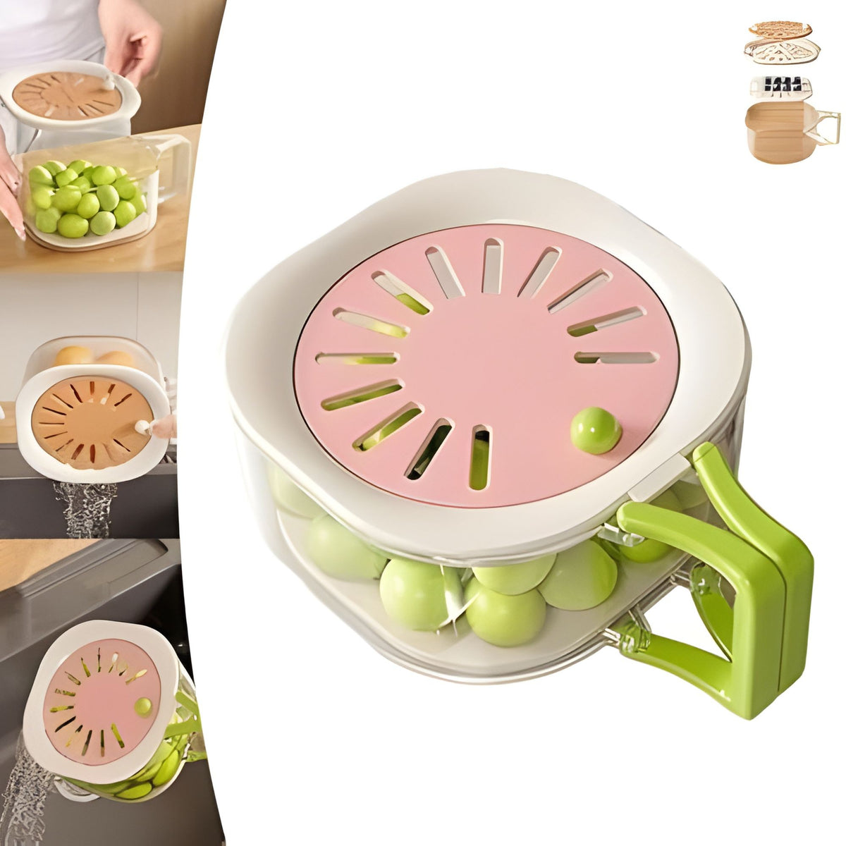 Cos de Scurgere 2 in 1 pentru Fructe si Legume, Scurgator cu Filtru Telescopic si Capac Ventilat, Plastic Rezistent, 15 x 15 x 8.5 cm, Roz/Bej