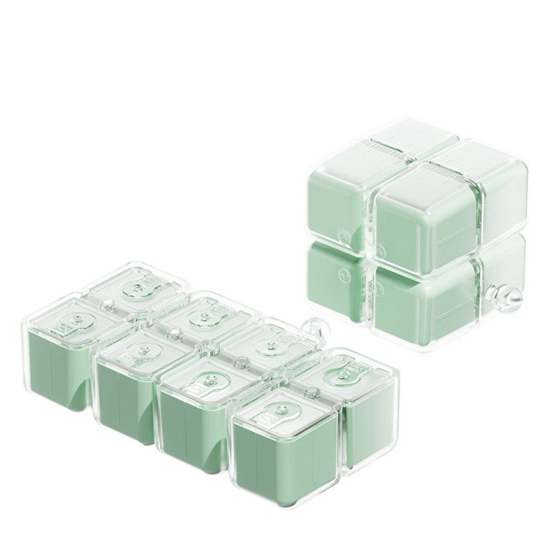 Organizator Medicamente Saptamanal, Dozator Pastile 7 Zile, Design Cub Rubik cu Curea de Agatare, Dispenser Portabil Vitamine si Suplimente, Plastic, 7.3 x 6 x 6 cm, Verde Deschis
