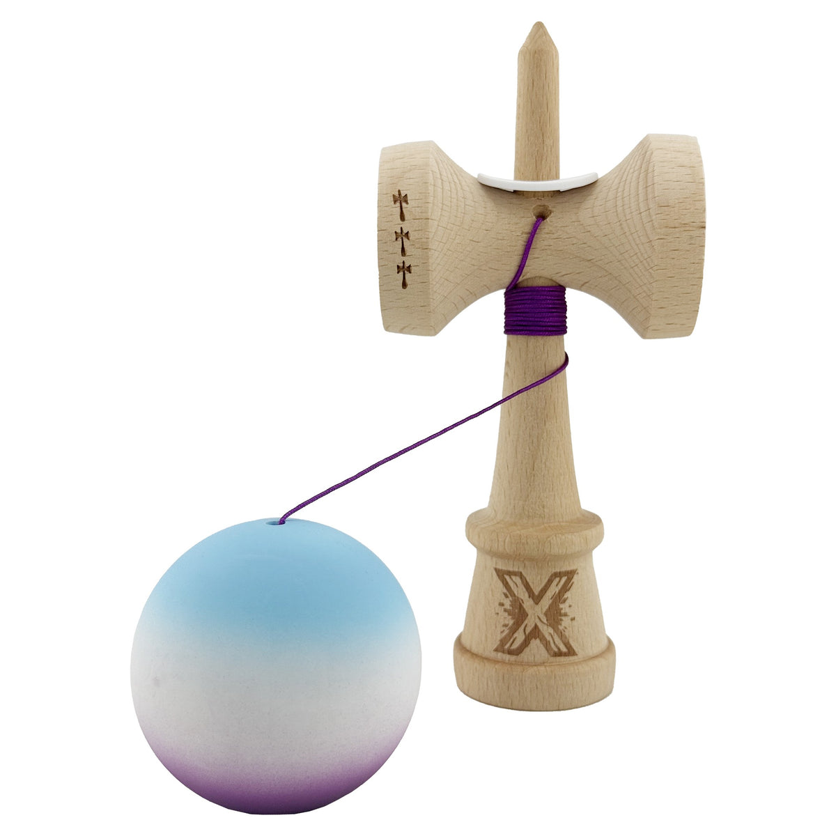 Kendama X Originala, Model V3 Albastru Deschis / Alb / Mov in Degrade, Profesionala, Cupe Mari King Size, Rubber Grip, Gaura in Baza, Rulment, Ata 62cm