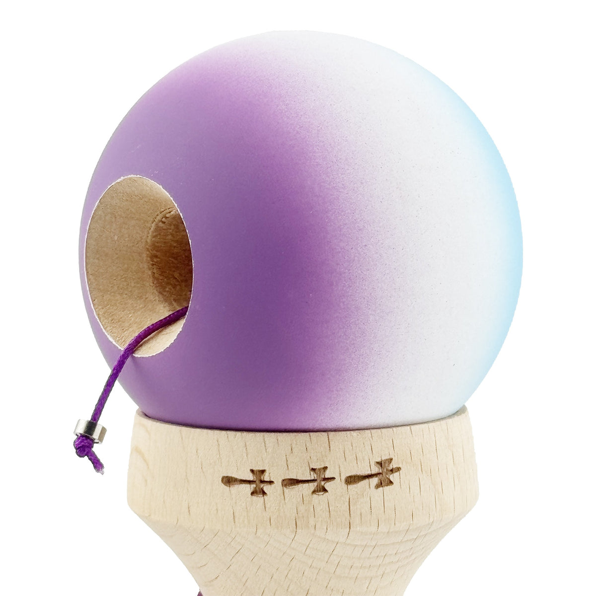 Kendama X Originala, Model V3 Albastru Deschis / Alb / Mov in Degrade, Profesionala, Cupe Mari King Size, Rubber Grip, Gaura in Baza, Rulment, Ata 62cm