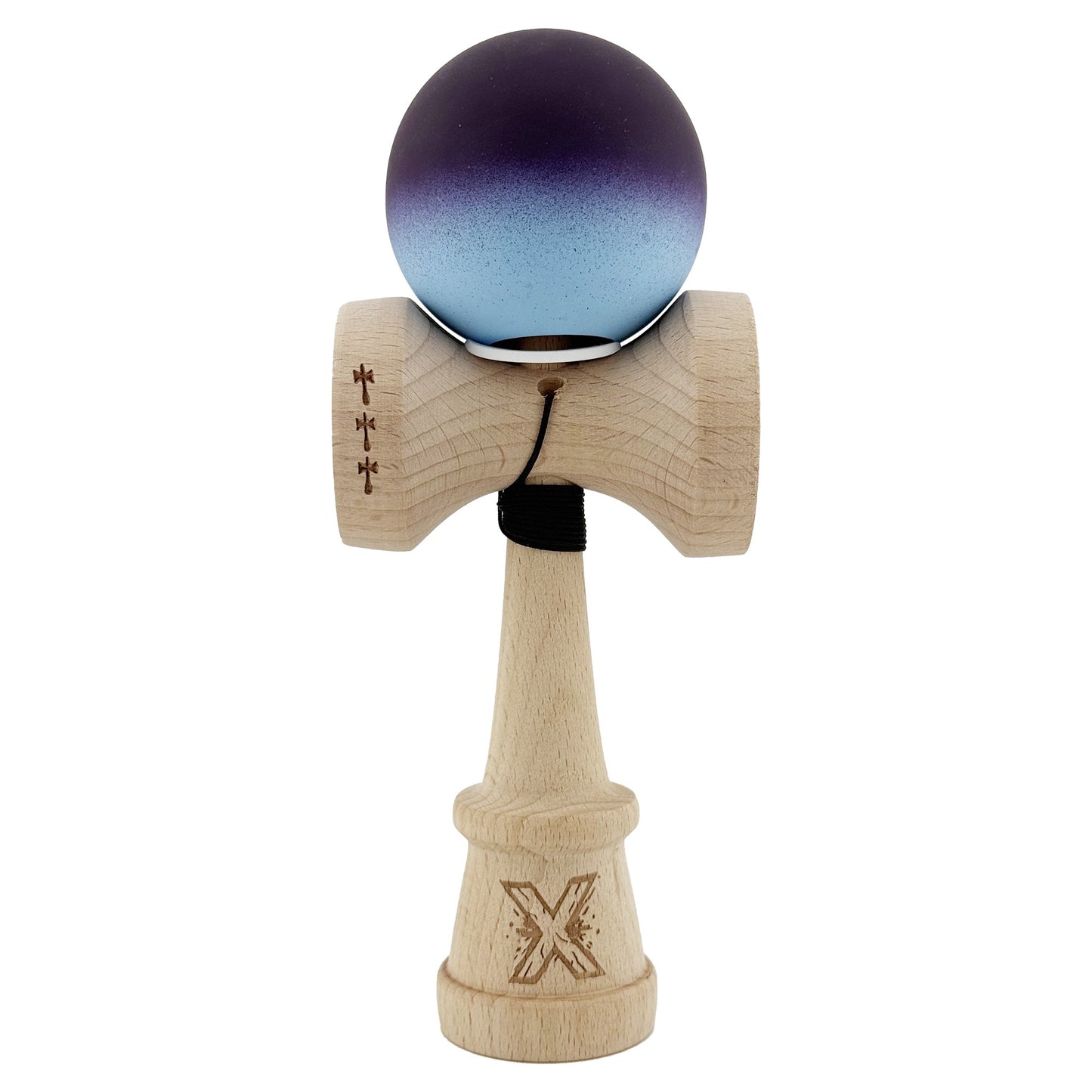 Kendama X Originala, Model V3 Negru / Albastru Deschis in Degrade, Profesionala, Cupe Mari King Size, Rubber Grip, Gaura in Baza, Rulment, Ata 55cm