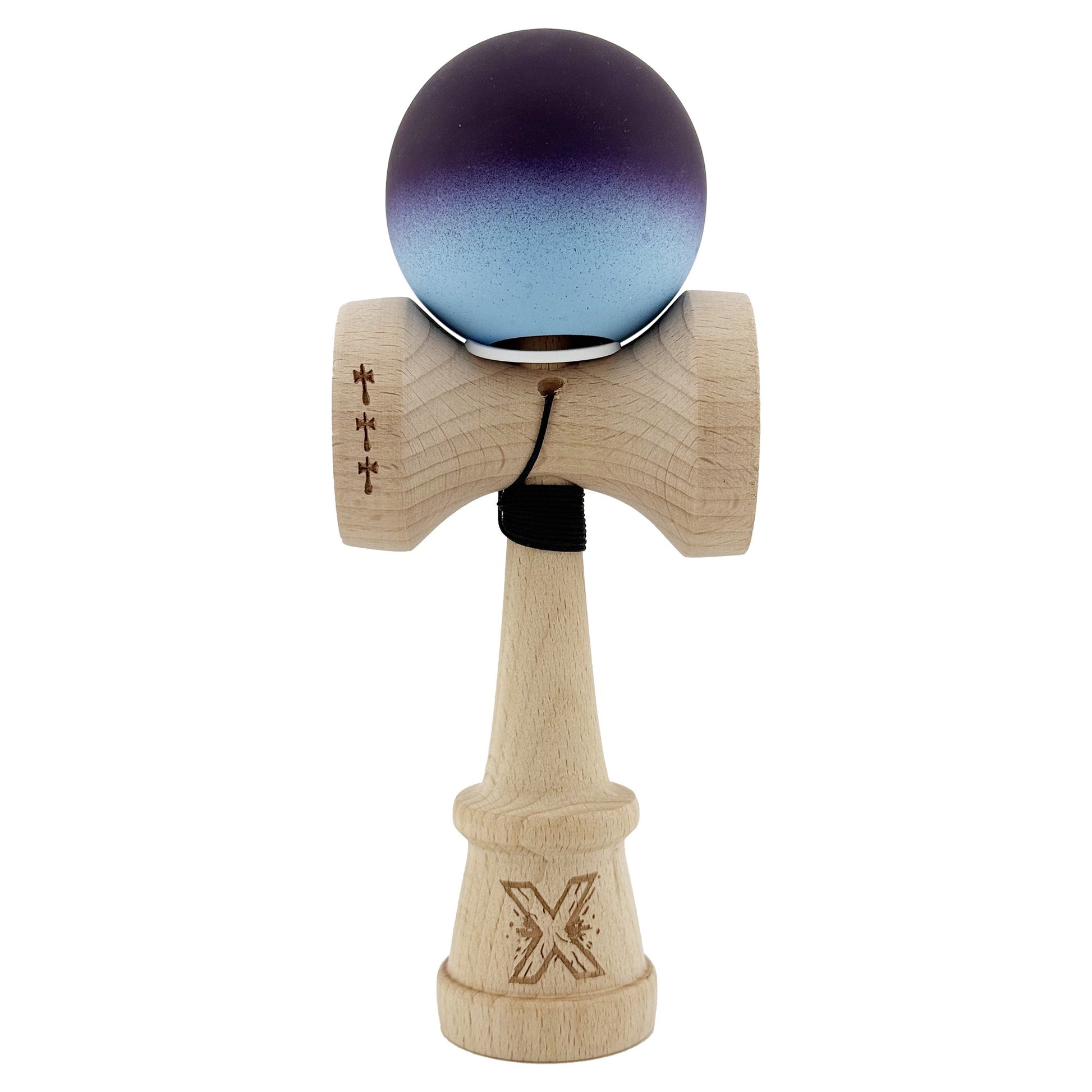 Kendama X Originala, Model V3 Negru / Albastru Deschis in Degrade, Profesionala, Cupe Mari King Size, Rubber Grip, Gaura in Baza, Rulment, Ata 55cm