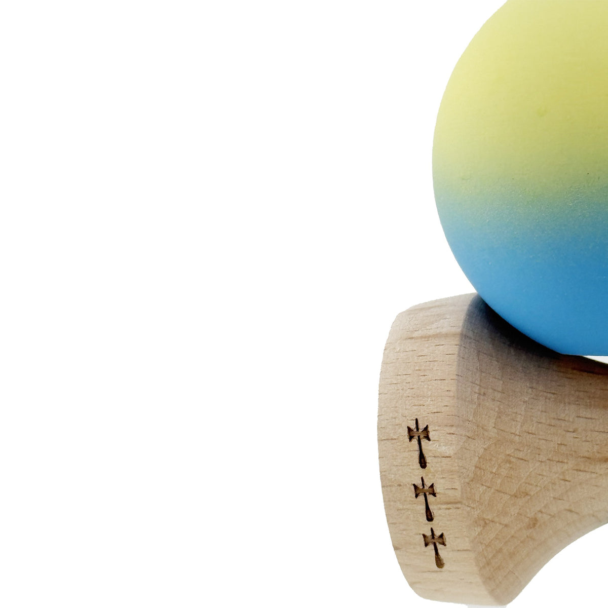 Kendama X Originala, Model V3 Galben / Albastru in Degrade, Profesionala, Cupe Mari King Size, Rubber Grip, Gaura in Baza, Rulment, Ata 62cm