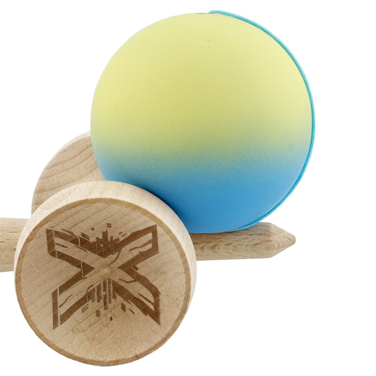 Kendama X Originala, Model V3 Galben / Albastru in Degrade, Profesionala, Cupe Mari King Size, Rubber Grip, Gaura in Baza, Rulment, Ata 62cm