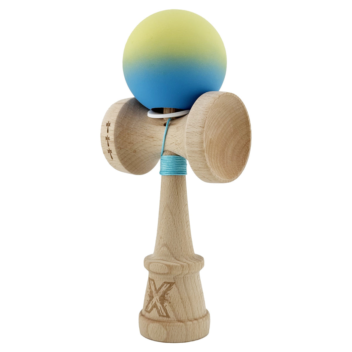 Kendama X Originala, Model V3 Galben / Albastru in Degrade, Profesionala, Cupe Mari King Size, Rubber Grip, Gaura in Baza, Rulment, Ata 62cm