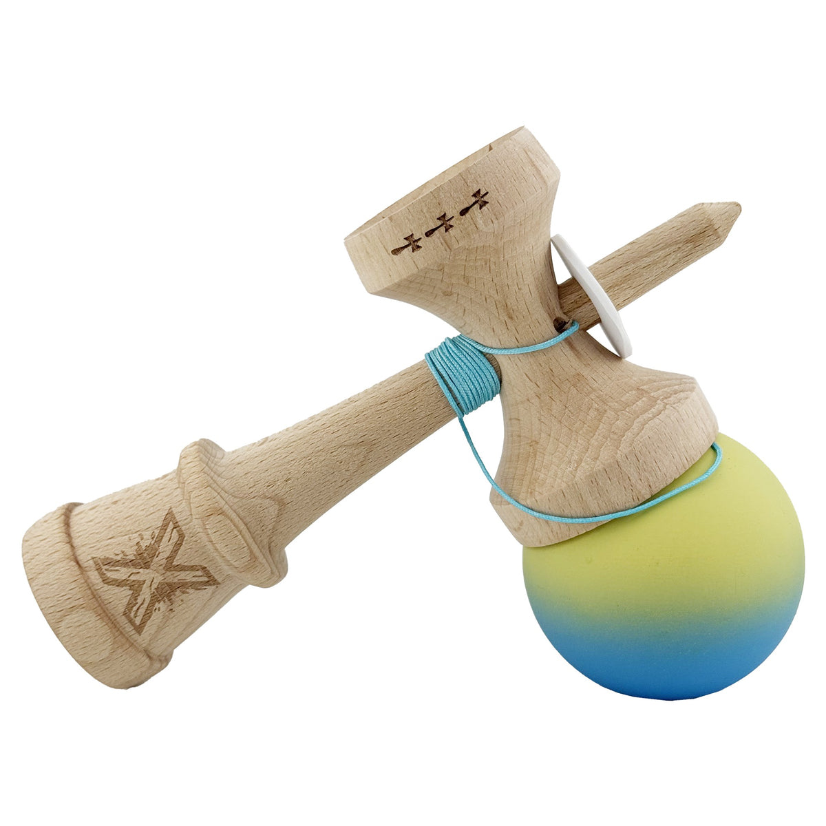 Kendama X Originala, Model V3 Galben / Albastru in Degrade, Profesionala, Cupe Mari King Size, Rubber Grip, Gaura in Baza, Rulment, Ata 62cm