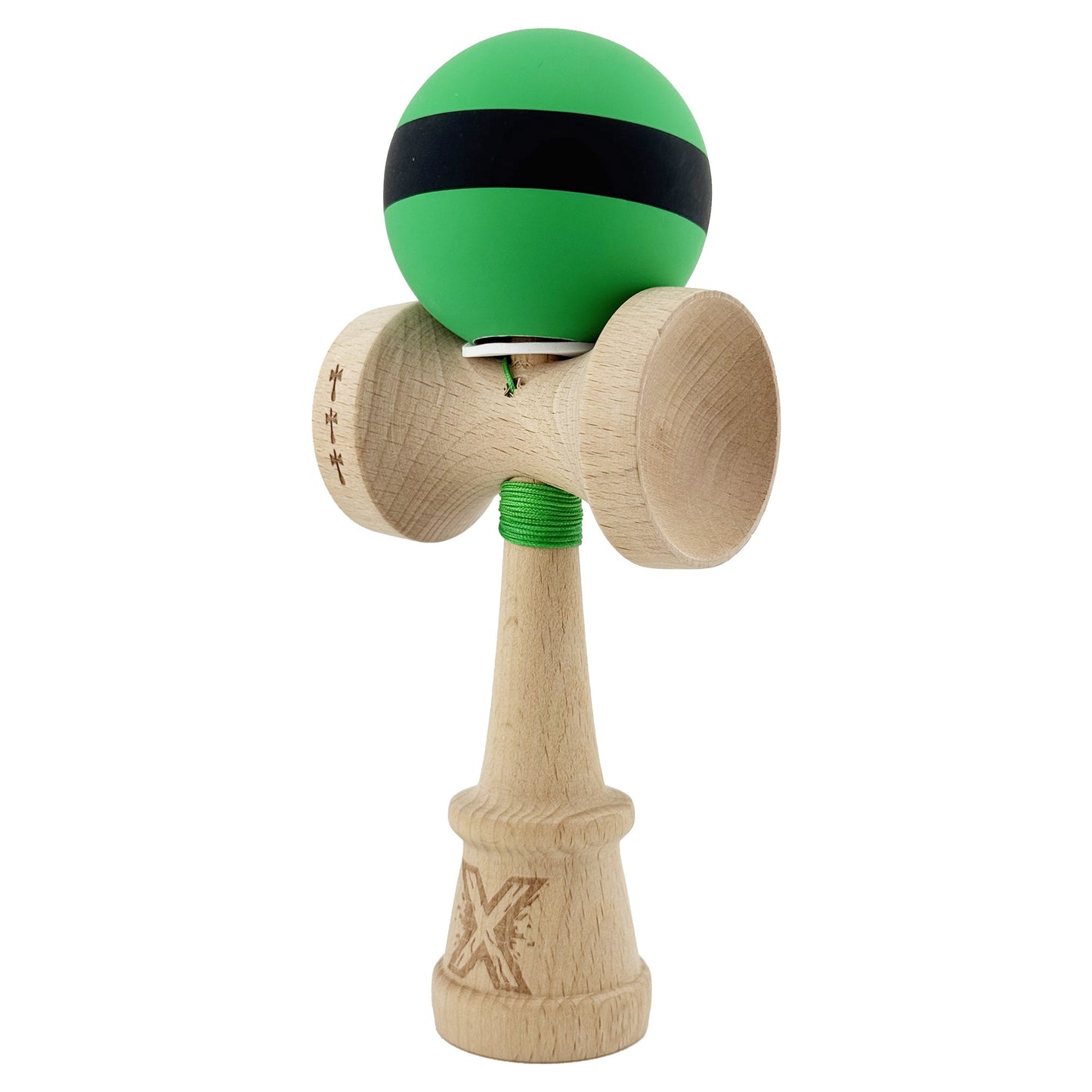 Kendama X Originala, Model V3 Verde / Negru / Verde, Profesionala, Cupe Mari King Size, Rubber Grip, Gaura in Baza, Rulment, Ata 62cm