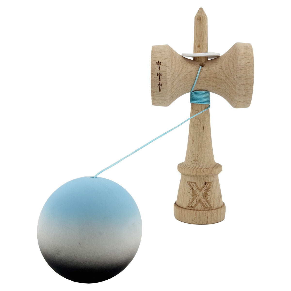 Kendama X Originala, Model V3 Albastru Deschis / Alb / Negru in Degrade, Profesionala, Cupe Mari King Size, Rubber Grip, Gaura in Baza, Rulment, Ata 62cm