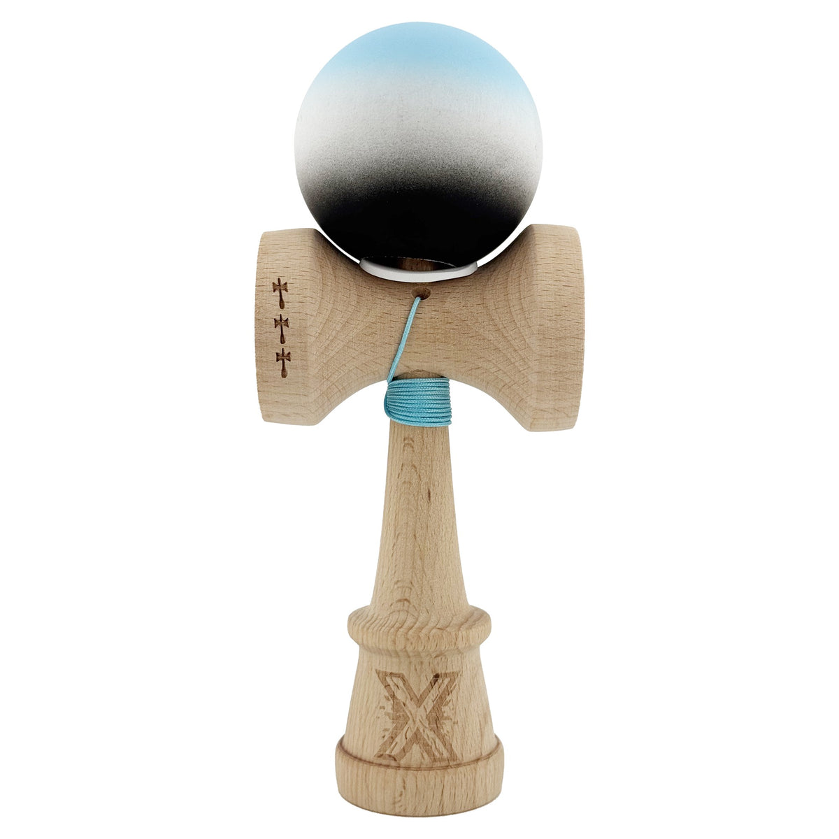 Kendama X Originala, Model V3 Albastru Deschis / Alb / Negru in Degrade, Profesionala, Cupe Mari King Size, Rubber Grip, Gaura in Baza, Rulment, Ata 62cm